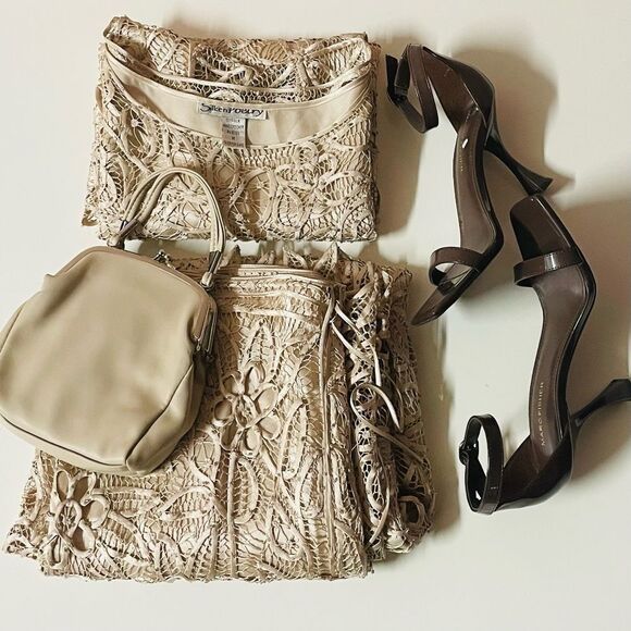 Vintage Silken Poetry Beige Silk Hand Crocheted Beaded Top & Skirt Set Sz M EUC - Picture 3 of 13